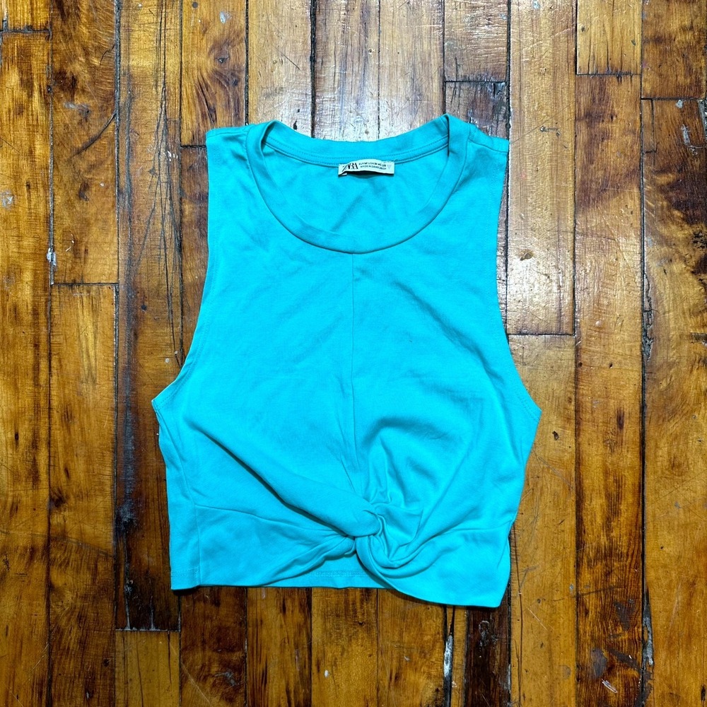 Zara Cropped Tank Top Womens Medium Blue Stretch Sleeveless Knotted Front Preppy